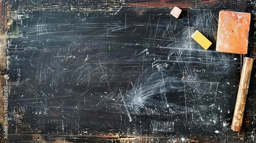 rustic chalkboard with scattered chalk and eraser back to school concept background photo