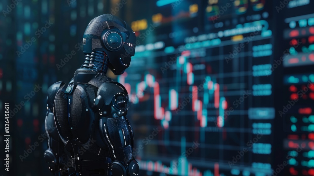 A robot is positioned in front of a large wall displaying various data points and information. A robot is positioned in front of a large wall displaying various data points and information.