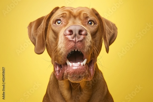 In a studio photo  a friendly dog is captured pulling a funny face  radiating charm and playfulness. This portrait perfectly captures the lovable and humorous nature of the dog.