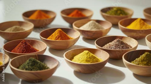 A set of colorful spices arranged in geometric patterns on a clean white surface  adding flavor to any kitchen.