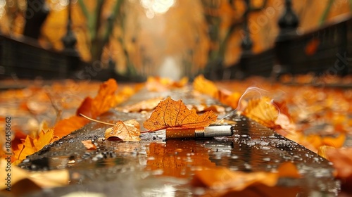 Close-up of fallen autumn leaves and a pen on a wet railroad track in a park  highlighting the beauty of the fall season.