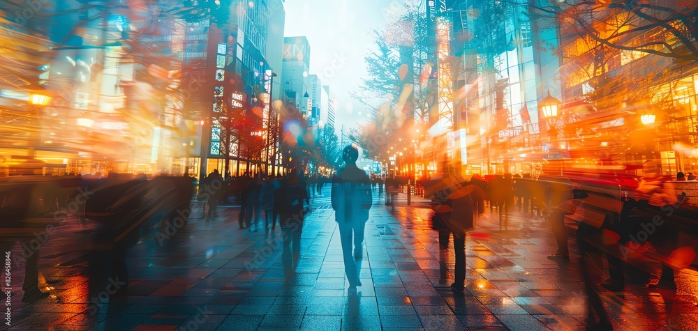 Busy street in daylight, close up, vivid activity, double exposure silhouette with empty night streets Busy street in daylight, close up, vivid activity, double exposure silhouette with empty night streets