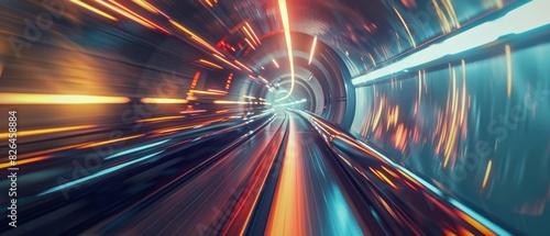 Futuristic high-speed tunnel with blurred lights, representing technology, speed, and advancement. Ideal for tech and innovation themes. photo