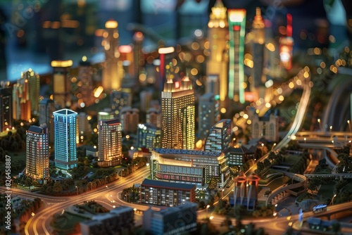 Detailed miniature city model glowing with vibrant lights during a simulated night scene