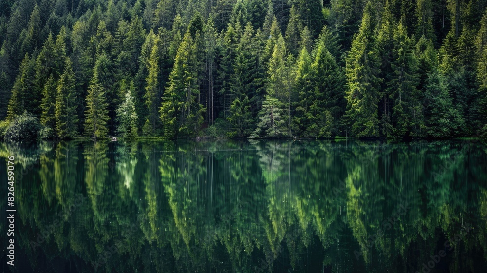 A serene lake nestled amidst towering pine trees, reflecting the tranquil beauty of the forest. A serene lake nestled amidst towering pine trees, reflecting the tranquil beauty of the forest.