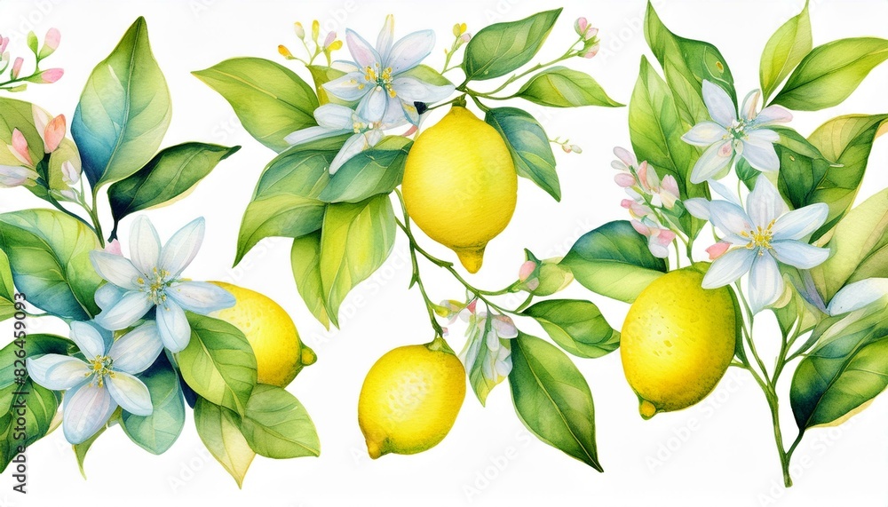 Set off Blooming lemon branches on an isolated white background, watercolor illustration, botanical painting Set off Blooming lemon branches on an isolated white background, watercolor illustration, botanical painting
