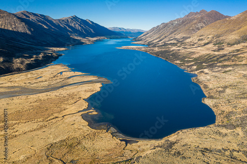 Aerial view of Marova Lake with volcanic peaks and stunning landscape, Te Anau, Southland, New Zealand. photo