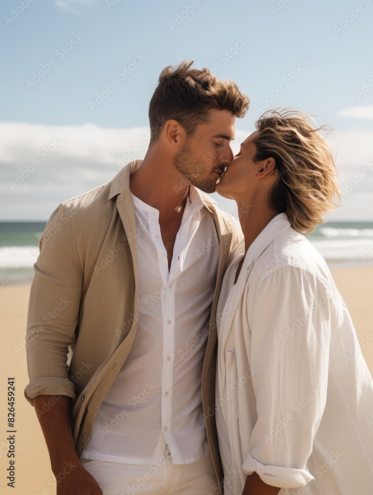 Romantic Couple Kissing on a Sunny Beach in Casual Clothing Romantic Couple Kissing on a Sunny Beach in Casual Clothing