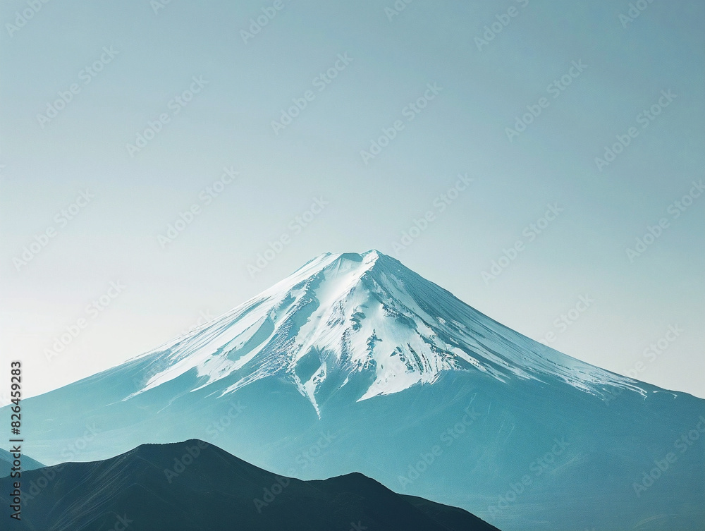 A serene landscape featuring a solitary mountain peak against a clear blue sky background.