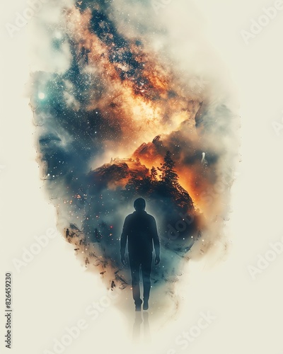 Silhouette of a person walking towards a cosmic nebula, merging the concepts of exploration, universe, and human imagination.