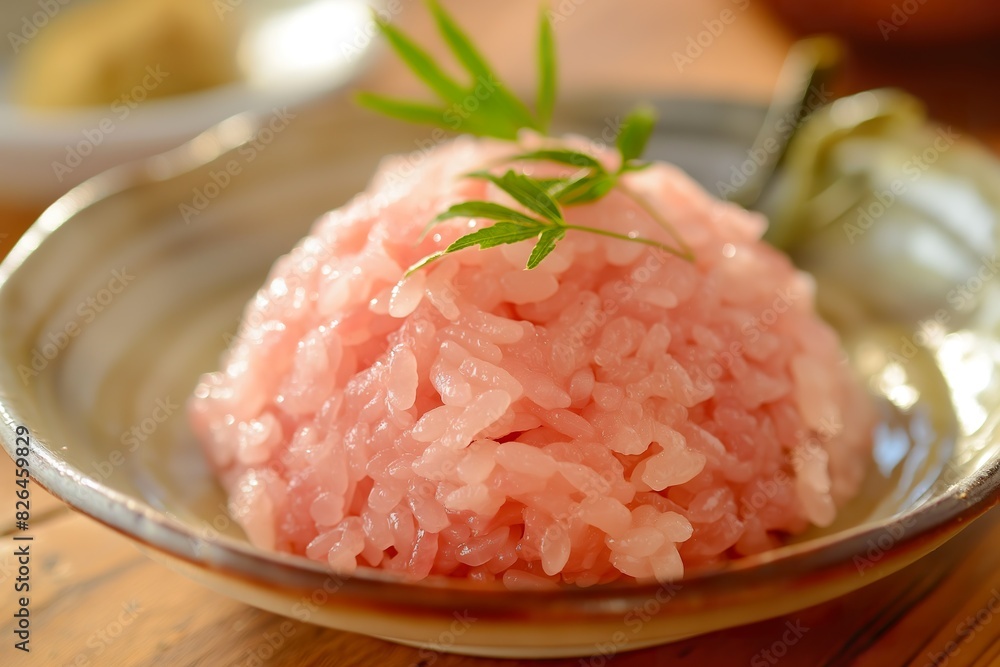 A bowl of pink rice topped with a vibrant green sprig, creating a visually appealing and fresh culinary presentation.