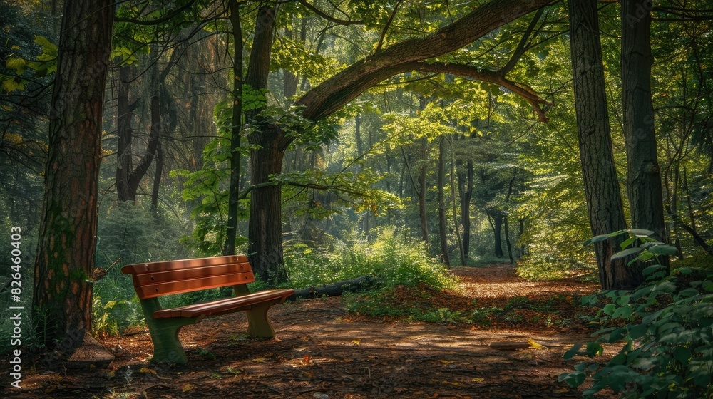 A quaint wooden bench nestled beneath a canopy of trees, offering a peaceful retreat in the forest.