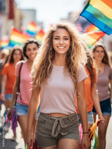 A group of women smiling and walking in a pride parade, holding rainbow flags.