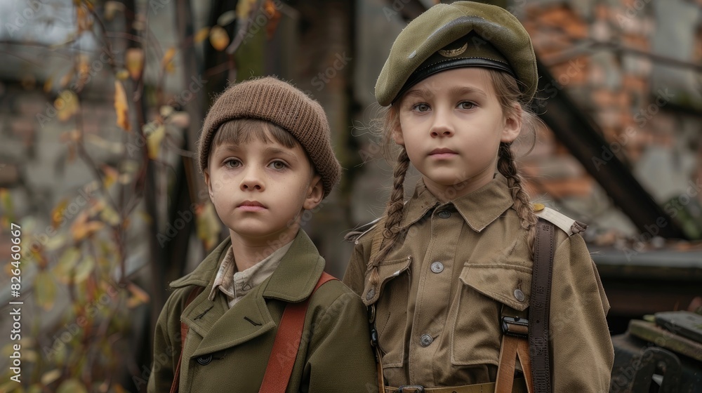 Two kids dressed in military attire from the Great Patriotic War also known as World War II