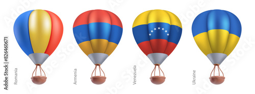 Hot air balloons with national flag of Romania, Armenia, Venezuela, Ukraine. Sky travel or ballooning festival in flying basket aerostat concept. Vector 3d render cartoon airship on white background.