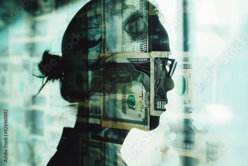 financial corruption, embezzlement scene, money laundering, illicit activities, close up, focus on, copy space, Double exposure silhouette with currency photo
