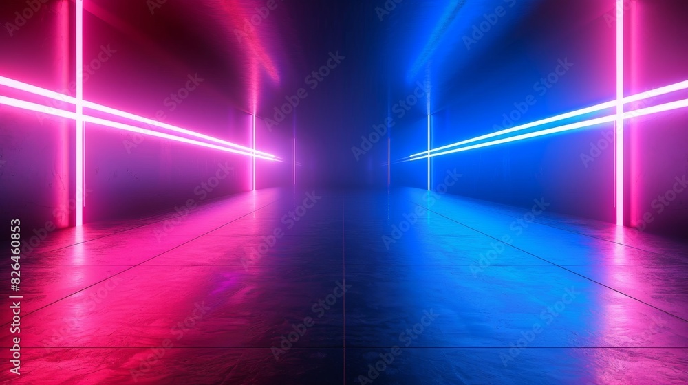 A dark room illuminated by neon lights, casting a colorful glow onto the floor A dark room illuminated by neon lights, casting a colorful glow onto the floor