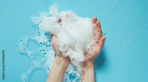 Close-up of hands washing with white wool cloth, covered in soap bubbles. This hygienic and refreshing scene promotes the importance of handwashing and hygiene, captured with AI generative. photo