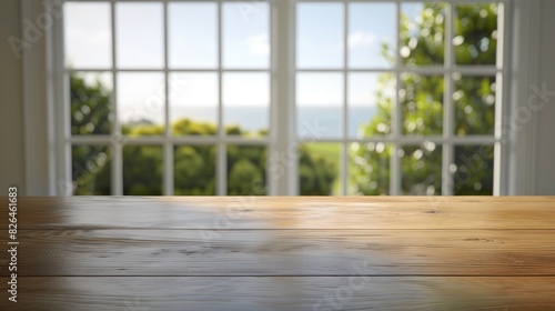 an empty wooden table with overcast lighting, set against a backdrop of an open window revealing a sea view.