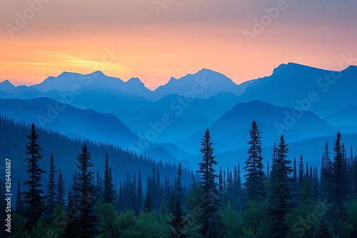 a mountain range with trees and a sunset photo