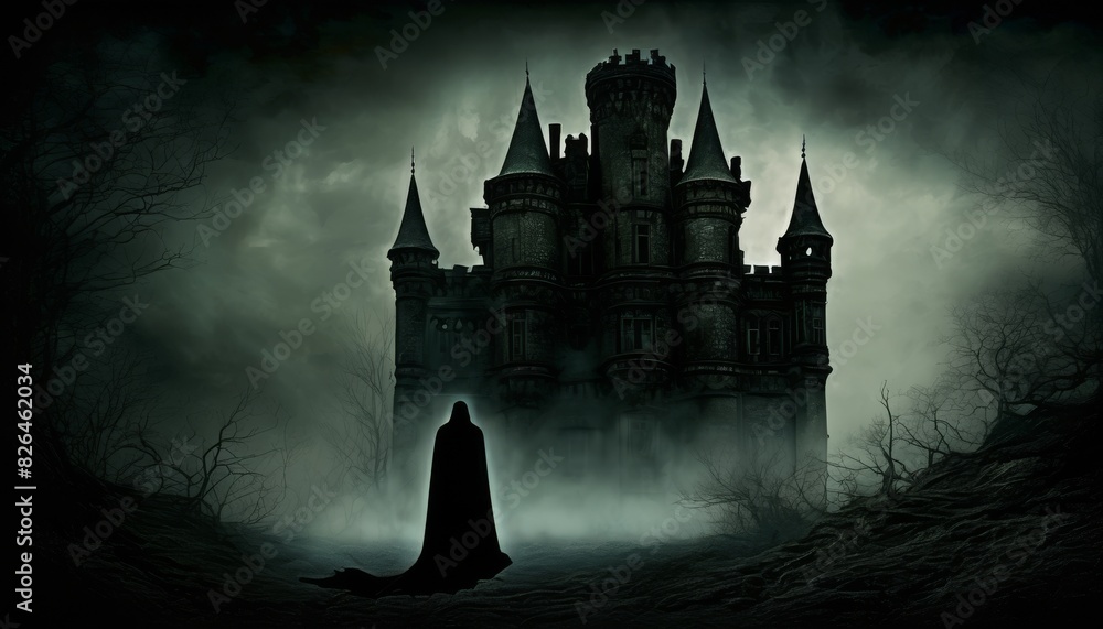 A mysterious cloaked figure stands before a sprawling dark castle enveloped in fog, creating a gothic atmosphere.. AI Generation A mysterious cloaked figure stands before a sprawling dark castle enveloped in fog, creating a gothic atmosphere.. AI Generation