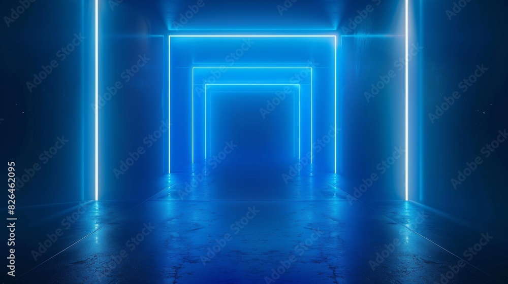 An empty room illuminated by blue neon lights creating a futuristic and modern atmosphere An empty room illuminated by blue neon lights creating a futuristic and modern atmosphere