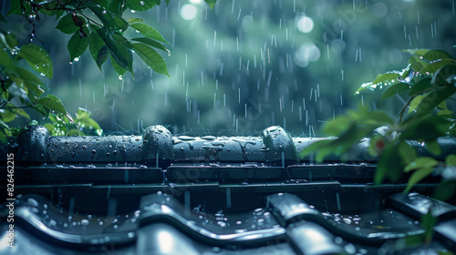Rainfall in close-up on a roof, highlighting the texture and movement of water droplets. This soothing image captures the ambiance of a rainy day, depicted with AI generative. photo