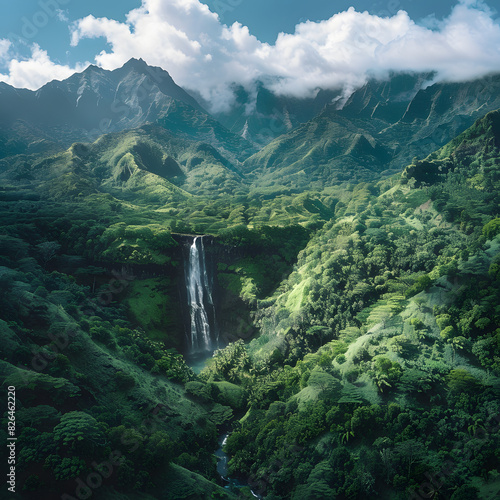 a beautiful mountainside with a waterfall and lush green surrounding it, in the style of 32k uhd, birds-eye-view photo