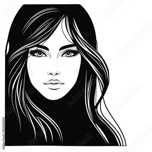 Vettori illustration of a beautiful woman's face with long hair on a white separate background
