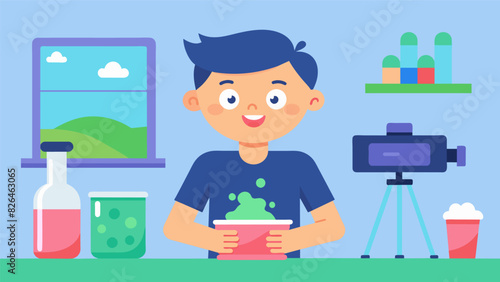 A young boy filming a DIY project for his blog teaching other kids how to make homemade slime using household items.. Vector illustration