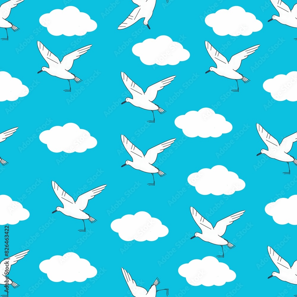 Fototapeta premium Seamless image of birds and clouds on a bright blue background.
