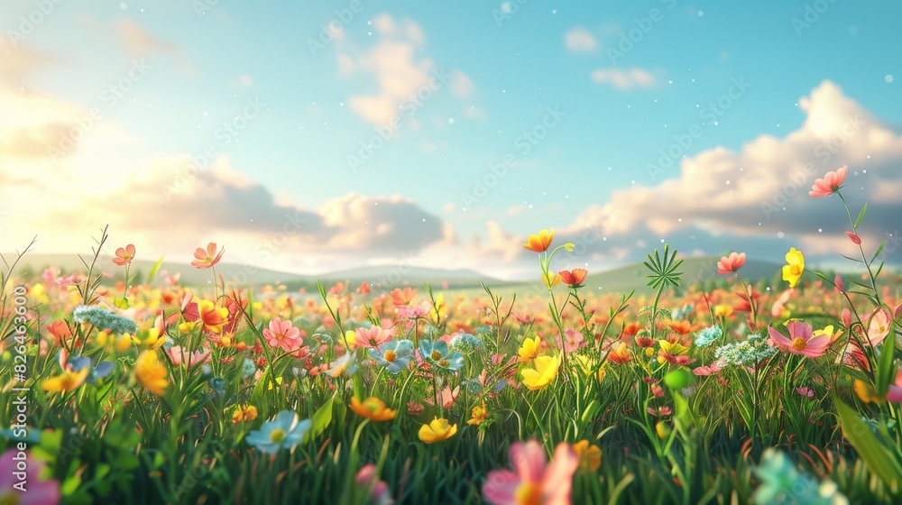 Nature Gradients Meadow: A 3D illustration showcasing gradients in a meadow, with grass, flowers, and gentle slopes