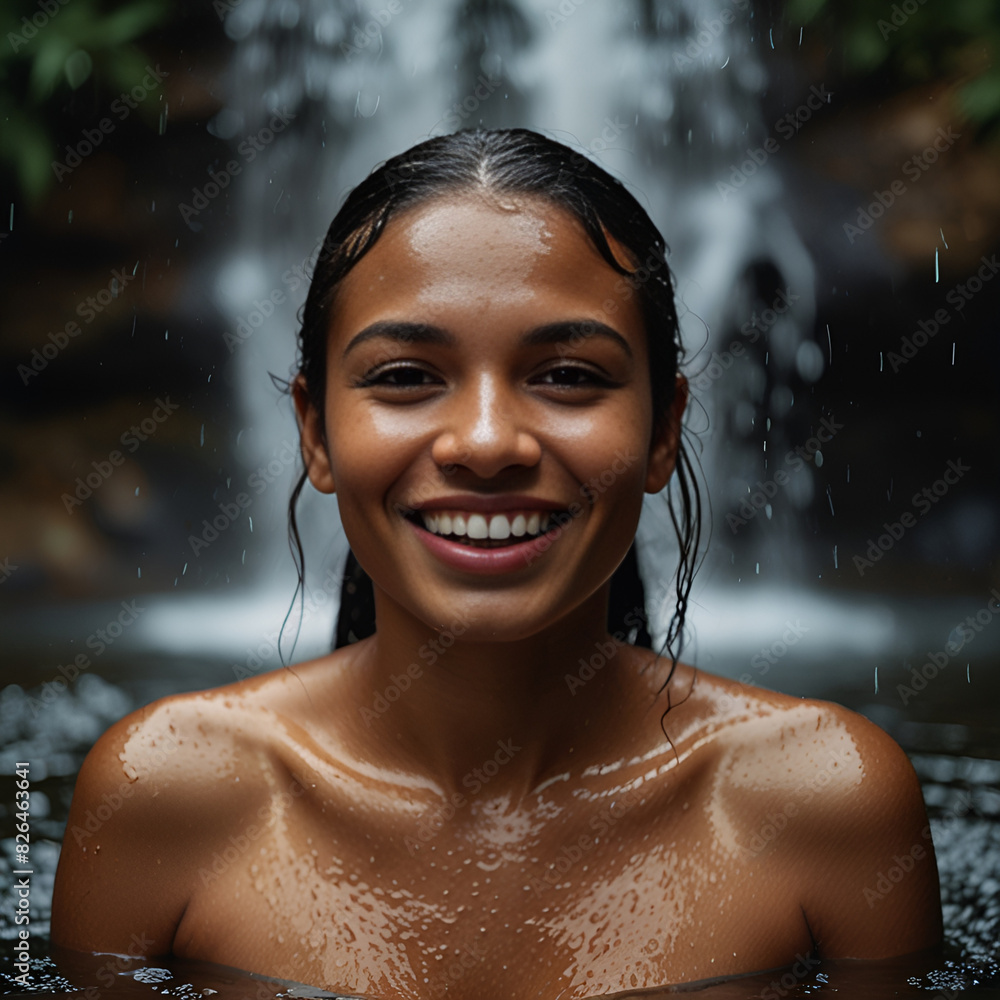 African American beautiful woman, waterfall, tropical, vacation, travel African American beautiful woman, waterfall, tropical, vacation, travel