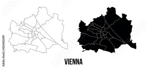 Vienna map of city regions districts vector black on white