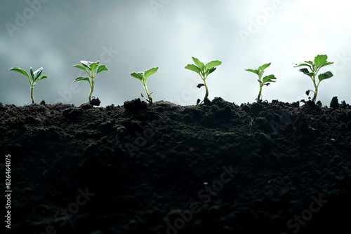 plant growth stages, seedling to mature plant, natural progression, botanical life cycle, close up, focus on, copy space, Double exposure silhouette with soil photo