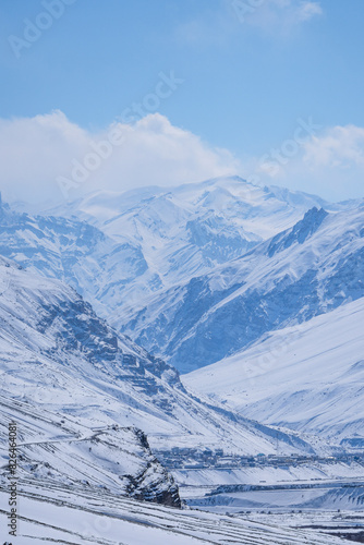 Aerial view of snow-capped mountains in Spiti Valley, Himachal Pradesh, India.