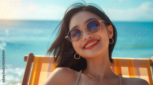 Happy young asian woman relaxing on deck chair at beach wearing spectacles. Smiling asian girl with sunglasses enjoy vacation. Carefree happy young woman sunbathing at sea