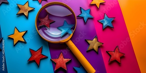 Graphic design of a magnifying glass surrounded by fivestar ratings symbols. Concept Graphic Design, Magnifying Glass, Five-Star Ratings, Symbols, Review Concept photo