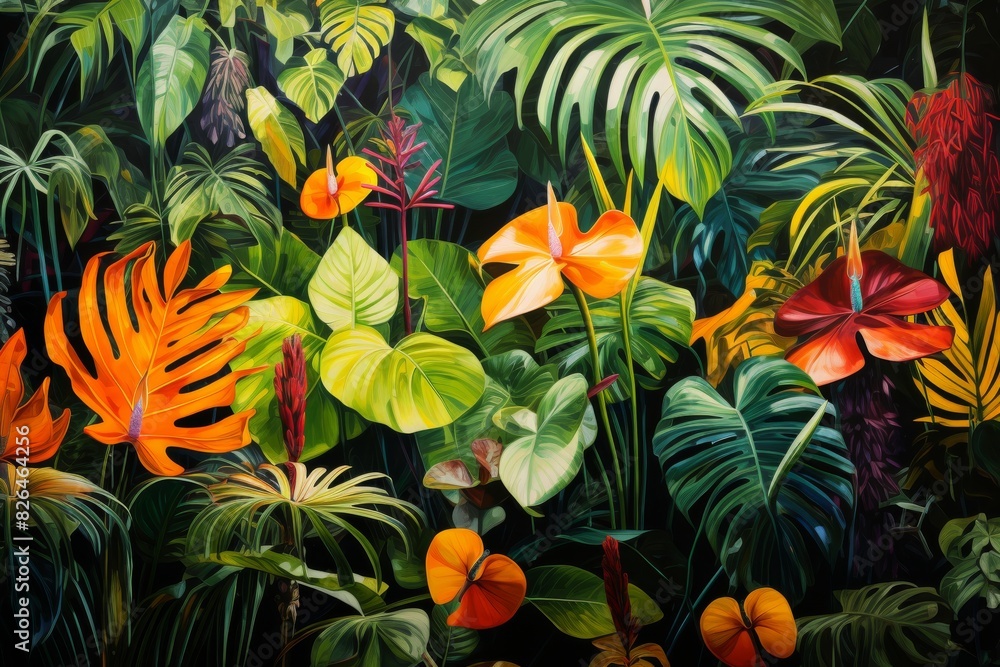 Fototapeta premium A painting featuring lush tropical plants and vibrant flowers, set against a tropical paradise background