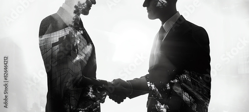 political corruption, secret dealings, shady agreements, unethical practices, close up, focus on, copy space, Double exposure silhouette with handshakes