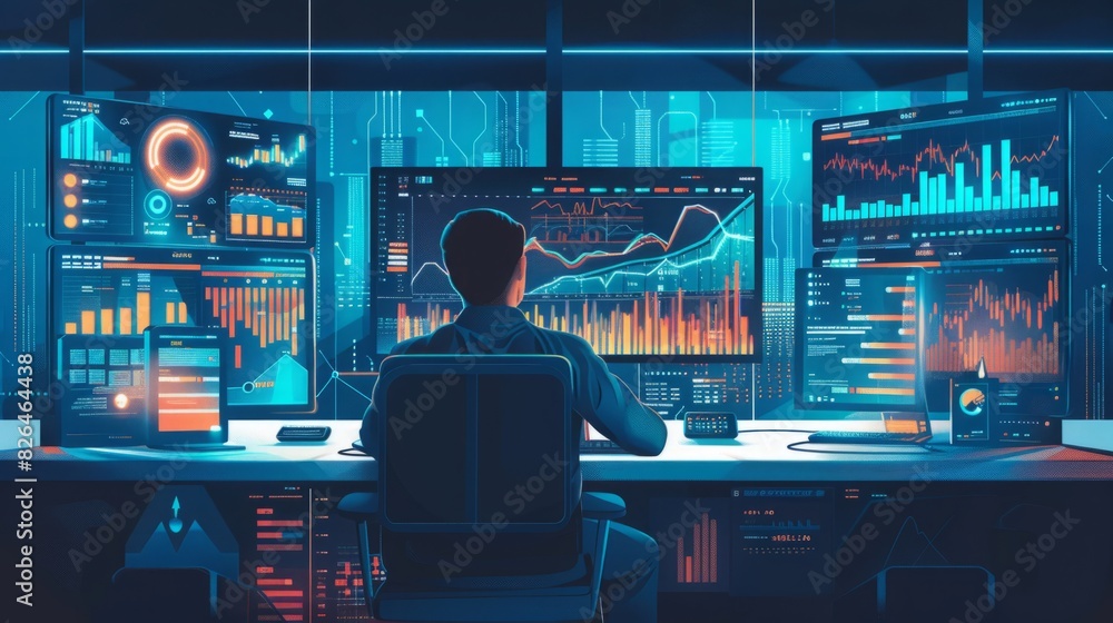 A man is seated at a desk in front of two monitors, focused on his work. A man is seated at a desk in front of two monitors, focused on his work.