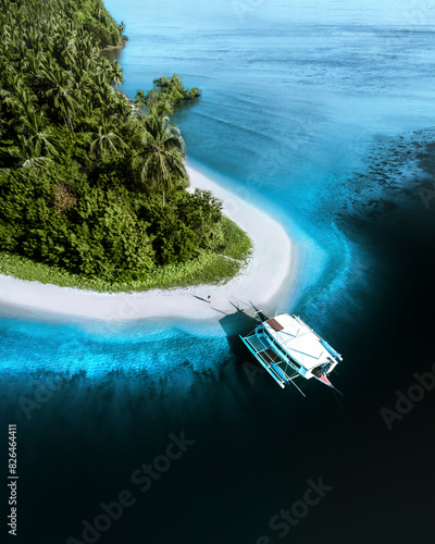 Aerial view of tropical seaside with catamaran and person, Port Barton, San Vicente, Palawan, Philippines. photo