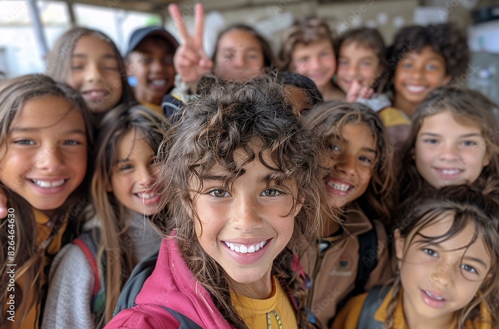 A group of young children standing together and smiling for a picture. They are all wearing backpacks and are happy to be together. A group of young children standing together and smiling for a picture. They are all wearing backpacks and are happy to be together.