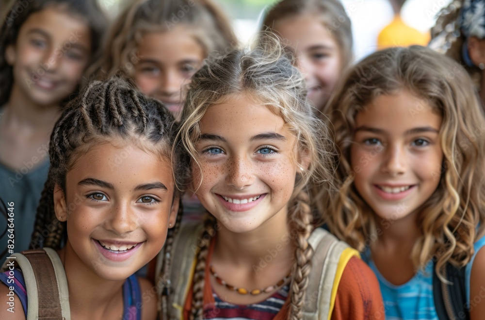 Four young girls with braids and buns pose for a picture together. Four young girls with braids and buns pose for a picture together.