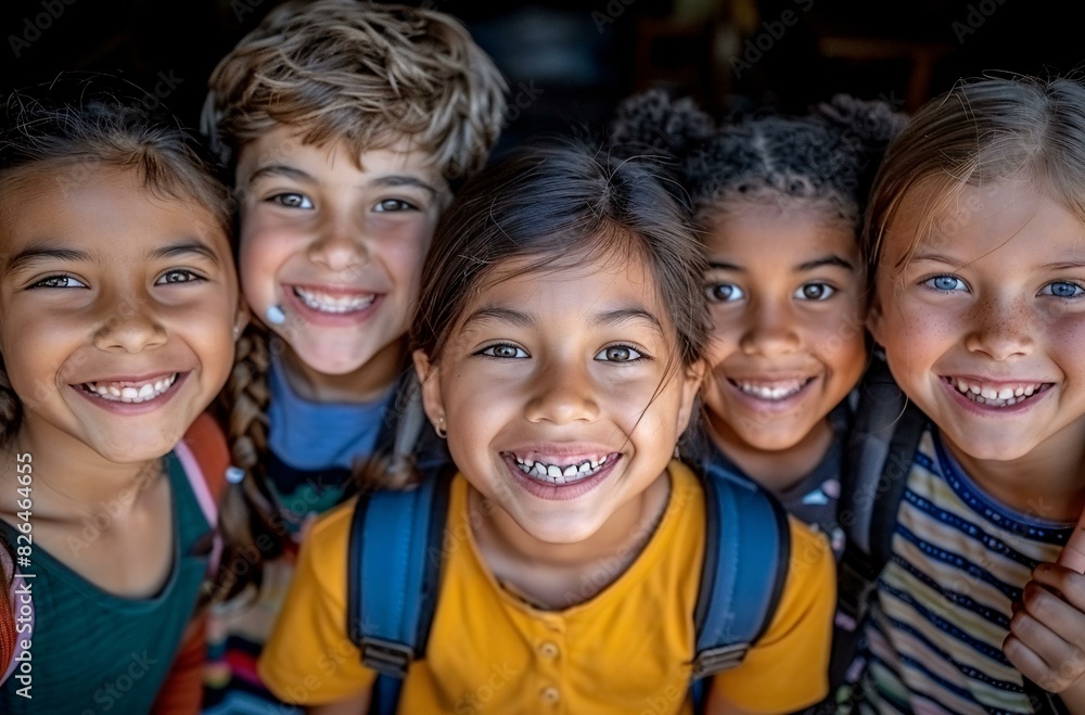 A group of children wearing backpacks and smiling for the camera. A group of children wearing backpacks and smiling for the camera.