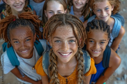A group of children with braids are smiling and posing for the camera. © Gayan