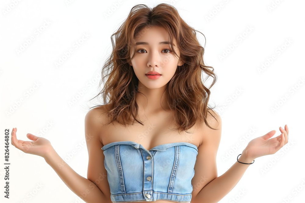 Stylish Young Asian Woman with Wavy Hair in Denim Top Against a White Background Stylish Young Asian Woman with Wavy Hair in Denim Top Against a White Background