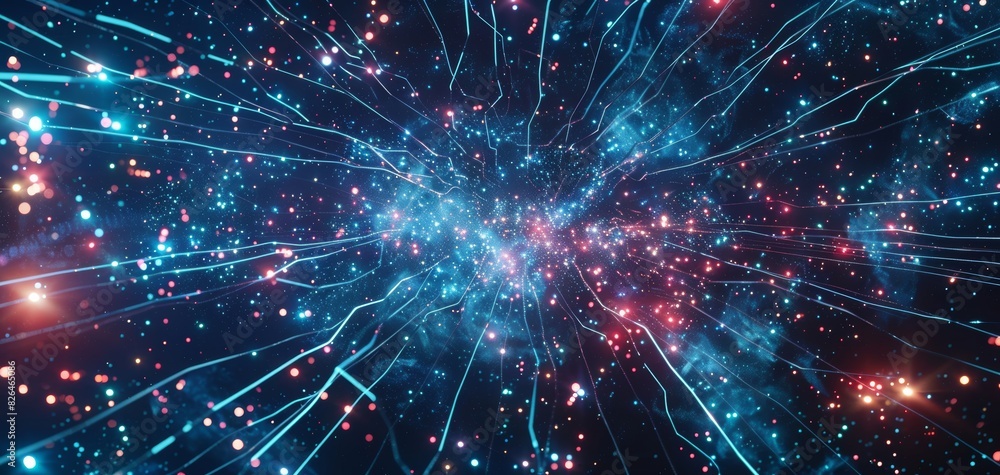 Dynamic cosmic background with vibrant particles and neon lights, representing outer space, energy, and futuristic technology. Abstract design. Dynamic cosmic background with vibrant particles and neon lights, representing outer space, energy, and futuristic technology. Abstract design.