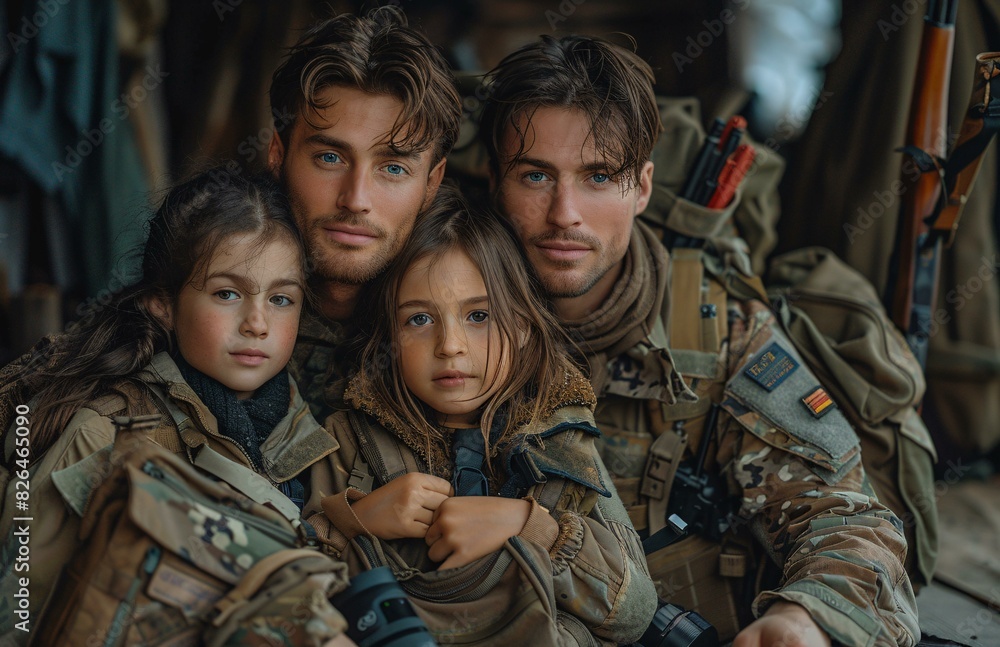 A man and two children wearing military uniforms pose for a picture together. A man and two children wearing military uniforms pose for a picture together.