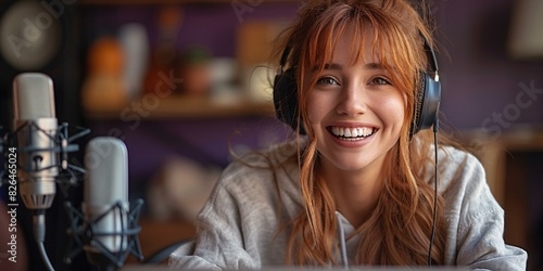A woman with red hair wearing headphones and smiling for the camera. photo